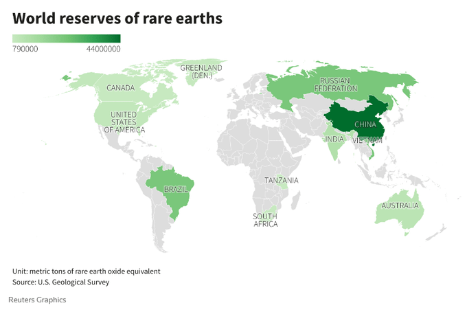 map with global reserves of rare earths