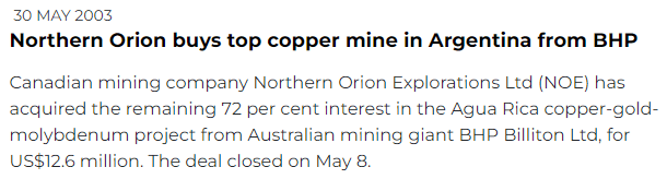 News article heading reads Northern Orion buys copper mine from BHP
